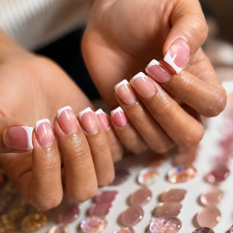 Classic white French tips on a natural pink base